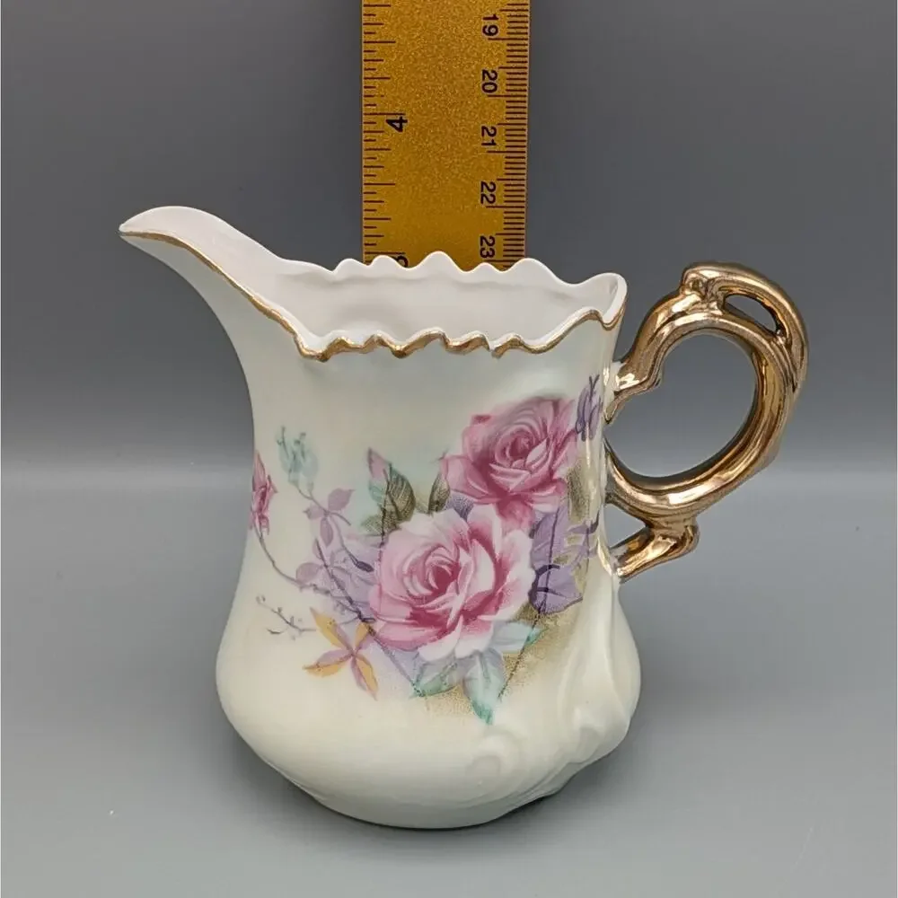 Vintage Lefton China Pink Rose Tea Set Teapot 6570 Sugar Creamer 6571 Gold Gilt